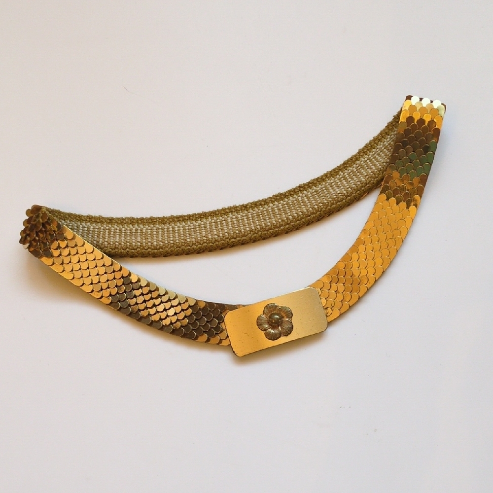 Vintage 70s/80s Stretchy Gold Fish Scale Sequin Belt w/ Flower Buckle - Disco